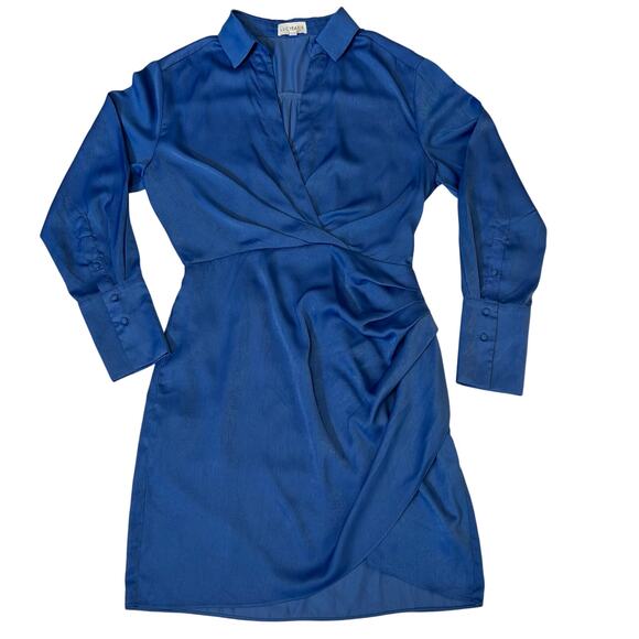 Lucy Paris  Blue Wrap Mini Dress SzM Long Sleeve Ruched Draped Elegant Cocktail - Picture 4 of 9